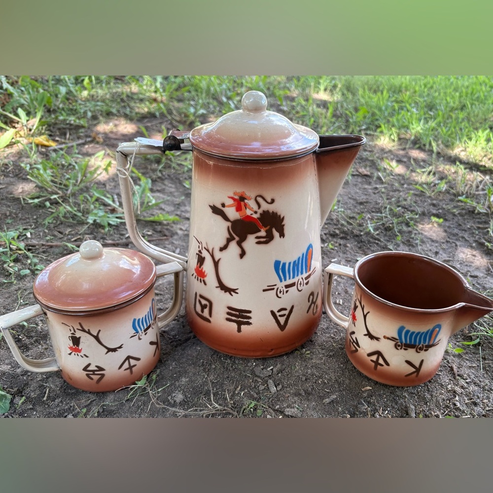 Nasco western enamelware set Coffee Pot Sugar & Creamer